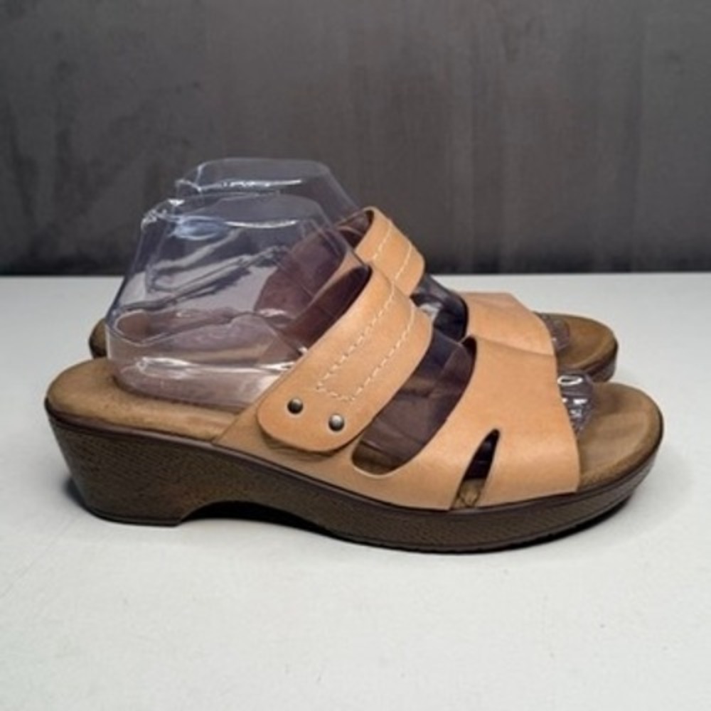 Tara M Slide Sandals Womens Tan Leather Double Strap Wedge Comfort Shoes